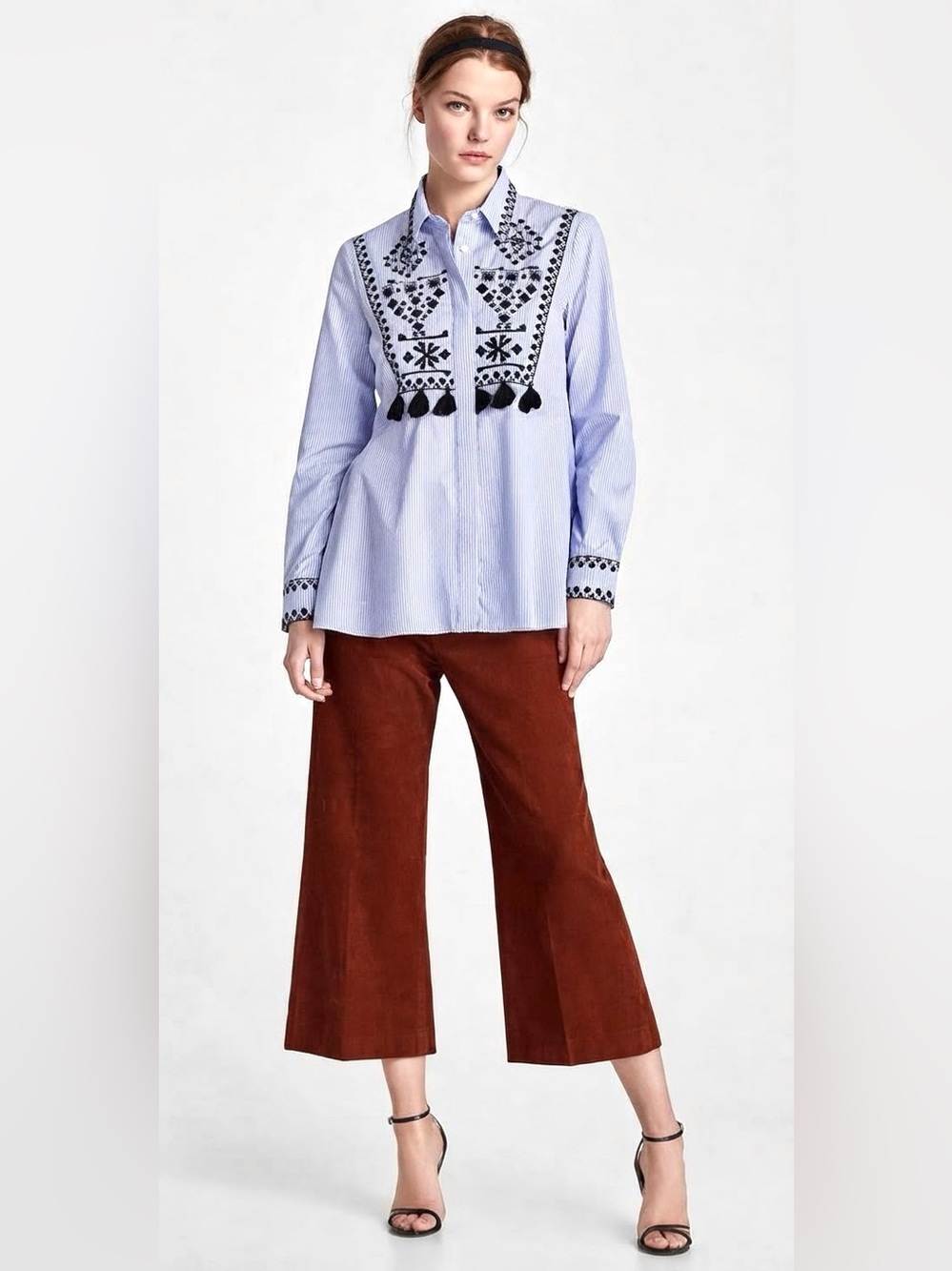 Zara Embroidered Tassel Striped Button Down Tunic Shirt Blue White Boho Folk Med